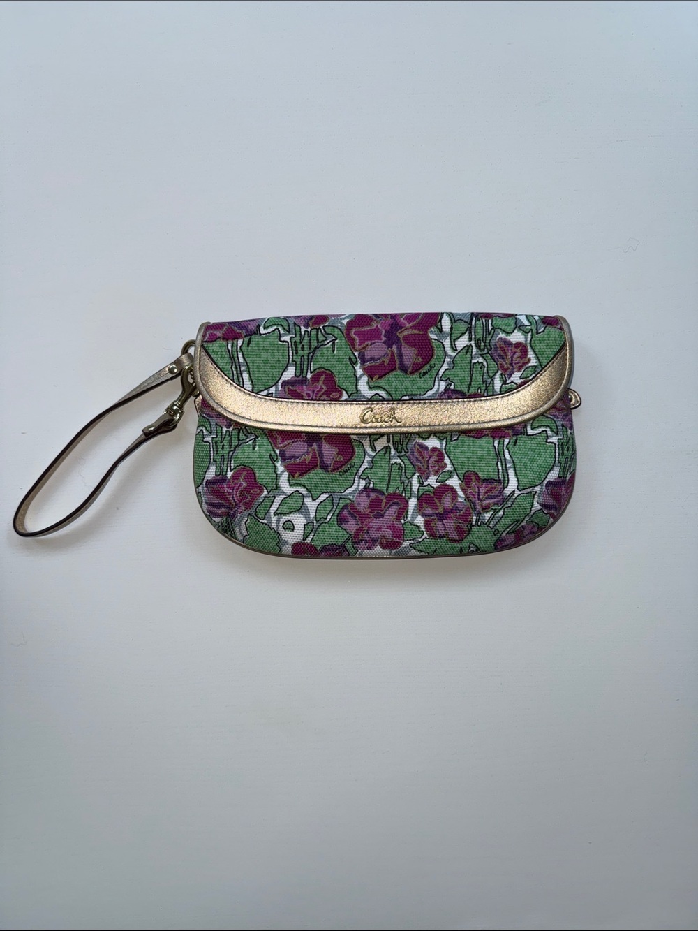 Coach Floral Wristlet in Green, Purple and Gold